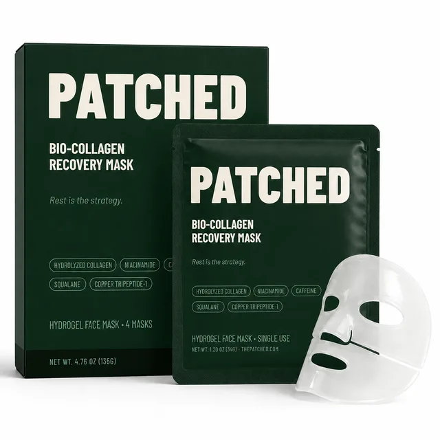 Patched Bio-Collagen Recovery Mask box with a single-use sachet and a clear two-piece hydrogel face mask