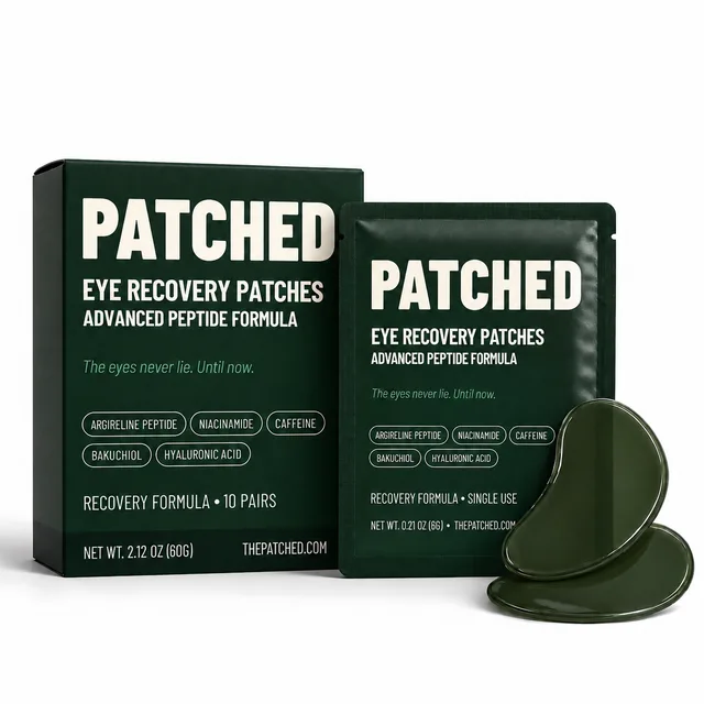 Patched Eye Recovery Patches box with 10 pairs of peptide under-eye patches, a single-use sachet and two green hydrogel patches