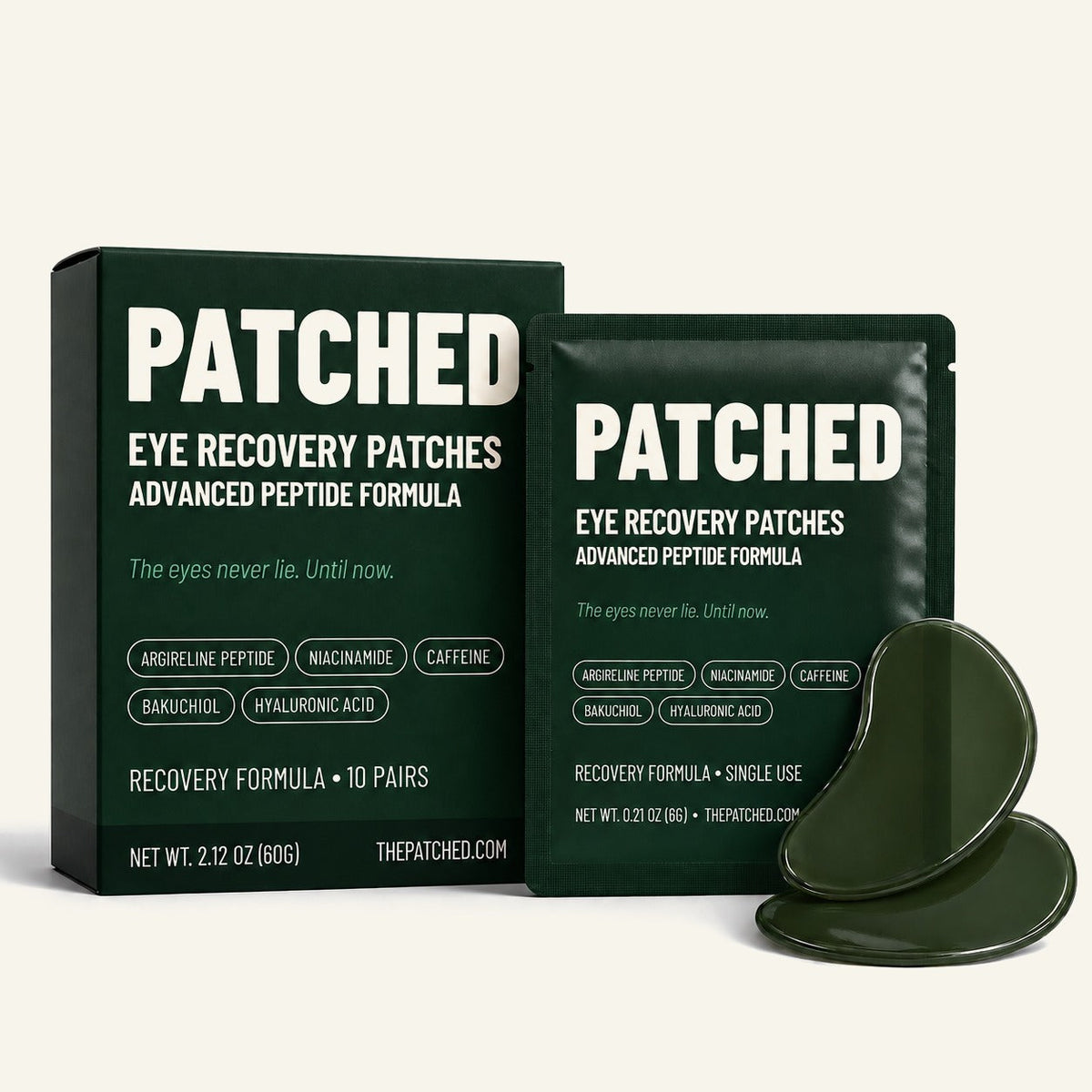 Patched Eye Recovery Patches box, sachet and two patches